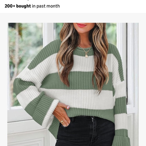 Cozy Striped Green and White Women's Sweater - Picture 2 of 3